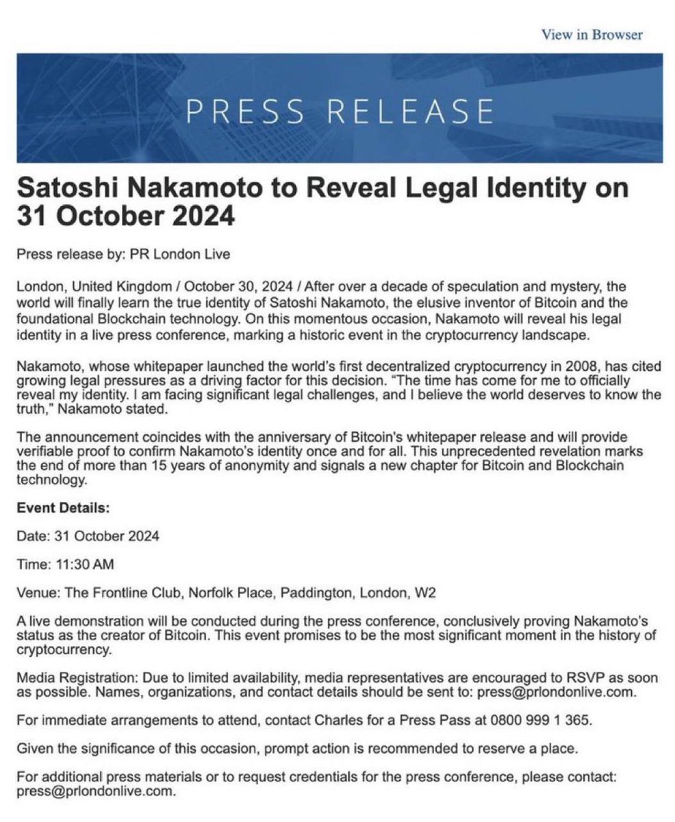 tradermike902's tweet photo. 🚨  London PR firm to reveal mysterious #Bitcoin creator Satoshi Nakamoto today at 11:30 local time. https://t.co/n3db0P9vfW