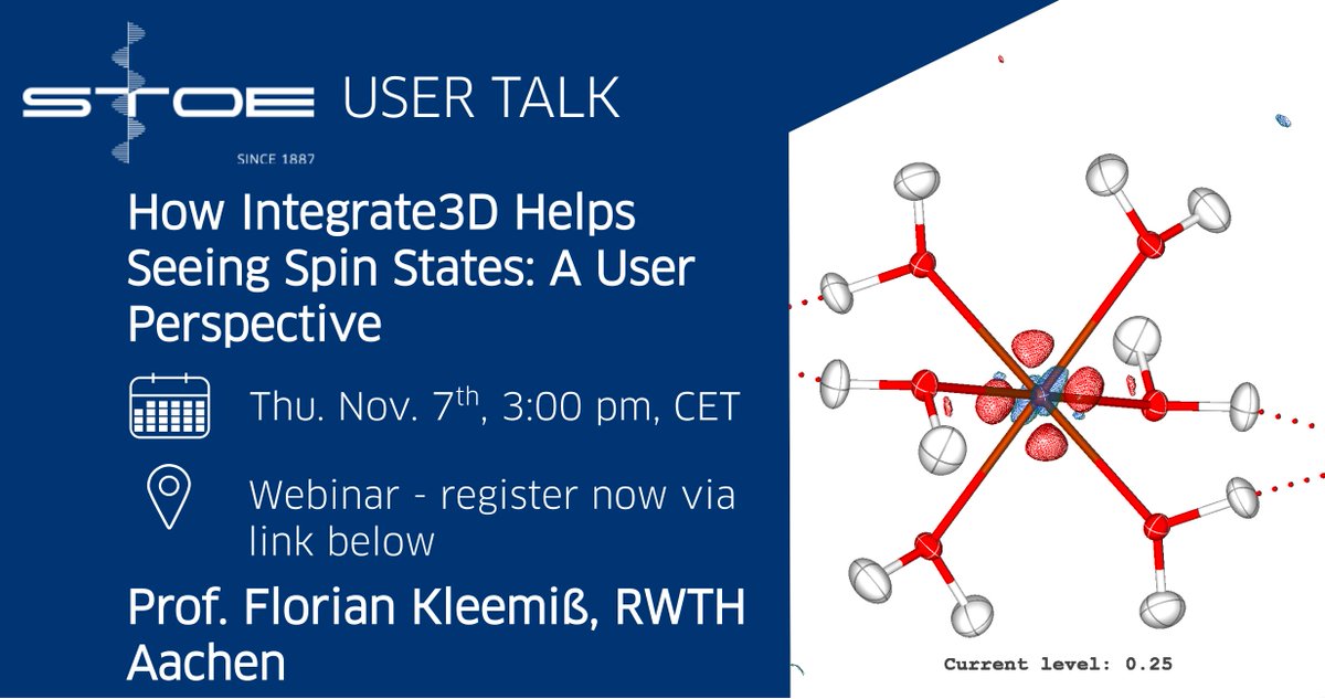 STOE (@stoe_news) on Twitter photo 🚨Exciting news! Our first #STOE User Talks #webinar of the season is coming up on📅Nov 7 at🕒3 PM CET!
Join Prof. <a href="/FKleemiss/">Florian Kleemiss</a> from <a href="/RWTH/">RWTH Aachen</a> Aachen as he discusses “How Integrate3D Helps Seeing Spin States: A User Perspective.”
Don’t miss out - sign up here: stoe.clickmeeting.com/stoe-user-talk… 🚨Exciting news! Our first #STOE User Talks #webinar of the season is coming up on📅Nov 7 at🕒3 PM CET!
Join Prof. <a href="/FKleemiss/">Florian Kleemiss</a> from <a href="/RWTH/">RWTH Aachen</a> Aachen as he discusses “How Integrate3D Helps Seeing Spin States: A User Perspective.”
Don’t miss out - sign up here: stoe.clickmeeting.com/stoe-user-talk…