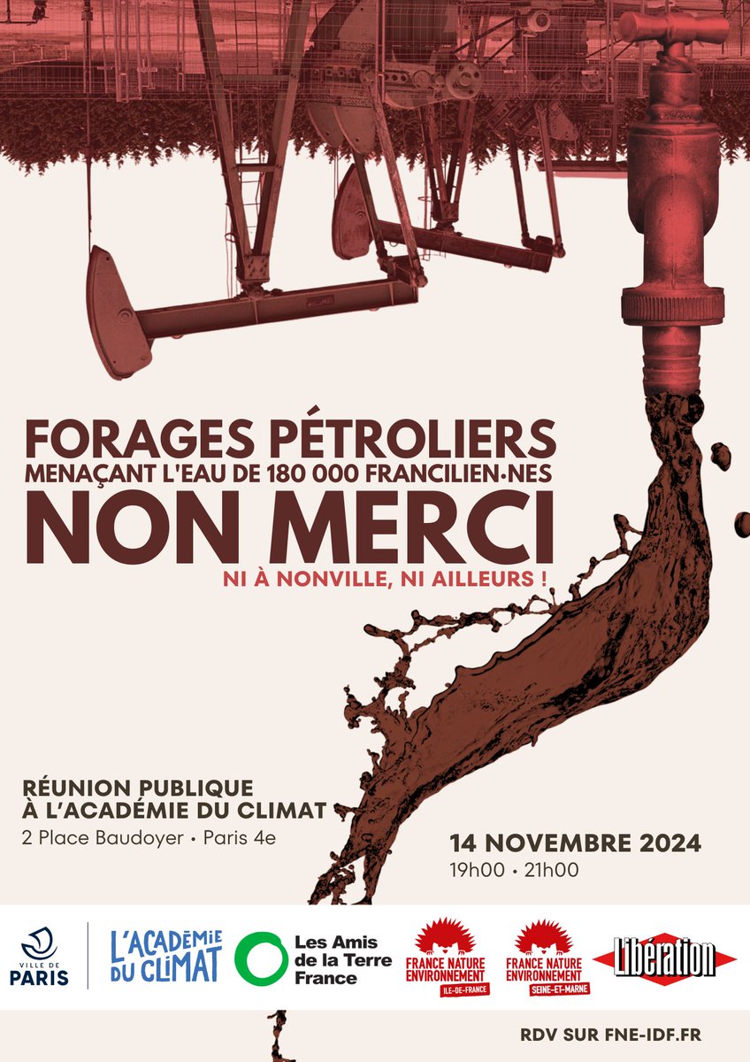 FneIDF's tweet image. Menaçant l'eau de 180 000 francilien·nes, les forages pétroliers à #Nonville sont dangereux &amp;amp;  incompatibles avec les engagements internationaux de la 🇫🇷.

🌊 Le 14 novembre, participez à la réunion publique à l’@AcademieClimat.

👉 Inscriptions : docs.google.com/forms/d/e/1FAI…