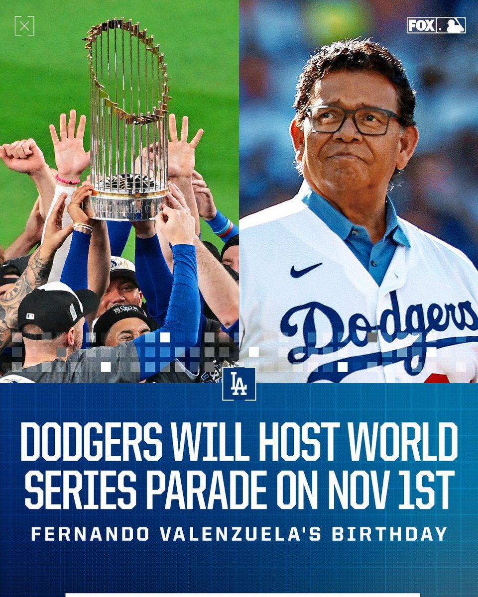 TheLakersAve's tweet photo. Dodgers will host #WorldSeries parade
on 11/1: Fernando Valenzuela’s B-Day 🥹
#WonForFernando #LetsGoDodgers https://t.co/GaFeWwJYFL
