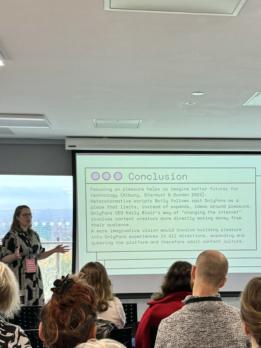 Loved the talk by <a href="/emvdn/">Emily van der Nagel</a> on day 1 of #AoIR2024 which prompts us rethinking authenticity in the age of automated chatbots and their role in intimate relationships on platforms like OnlyFans💜