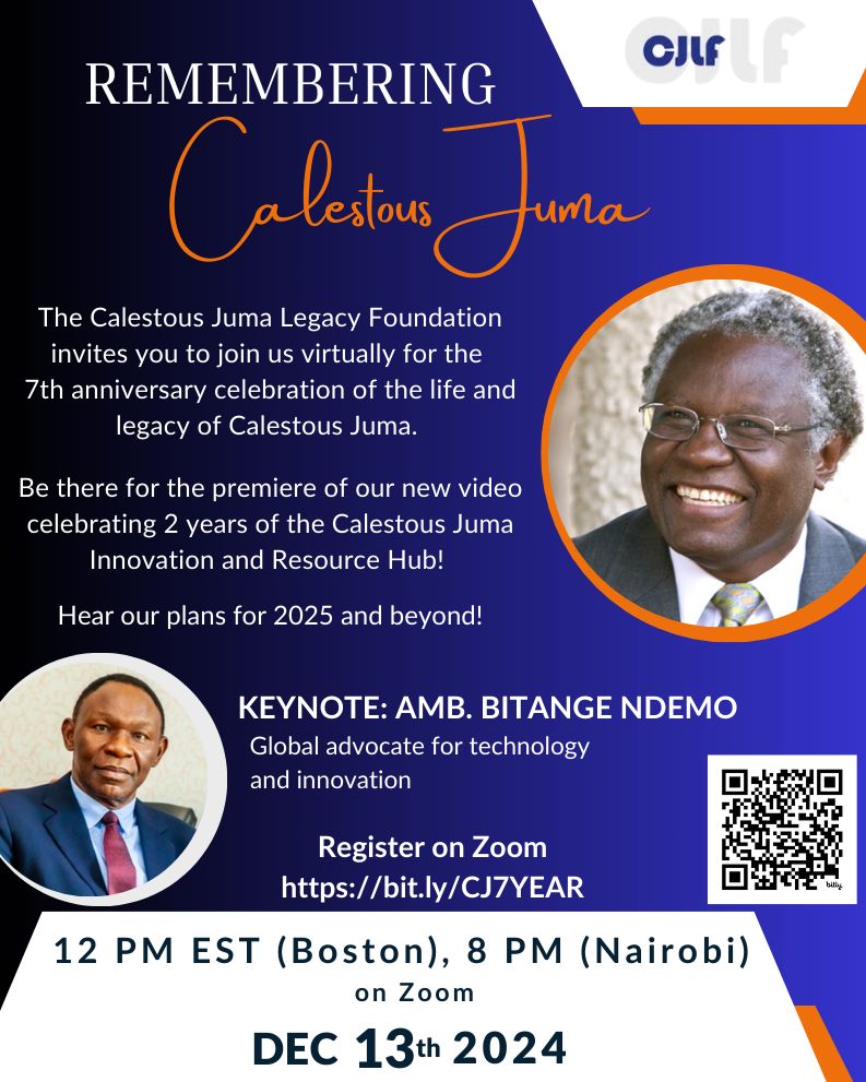 Join <a href="/CalestousLegacy/">Calestous Juma Legacy Foundation</a> on 13 Dec 2024 for the 7th anniversary celebration of the life &amp; legacy of Prof. Calestous Juma!
He was a recognized authority &amp; leader in the application of science, technology &amp; innovation for sustainable development!
Register👉 bit.ly/CJ7YEAR