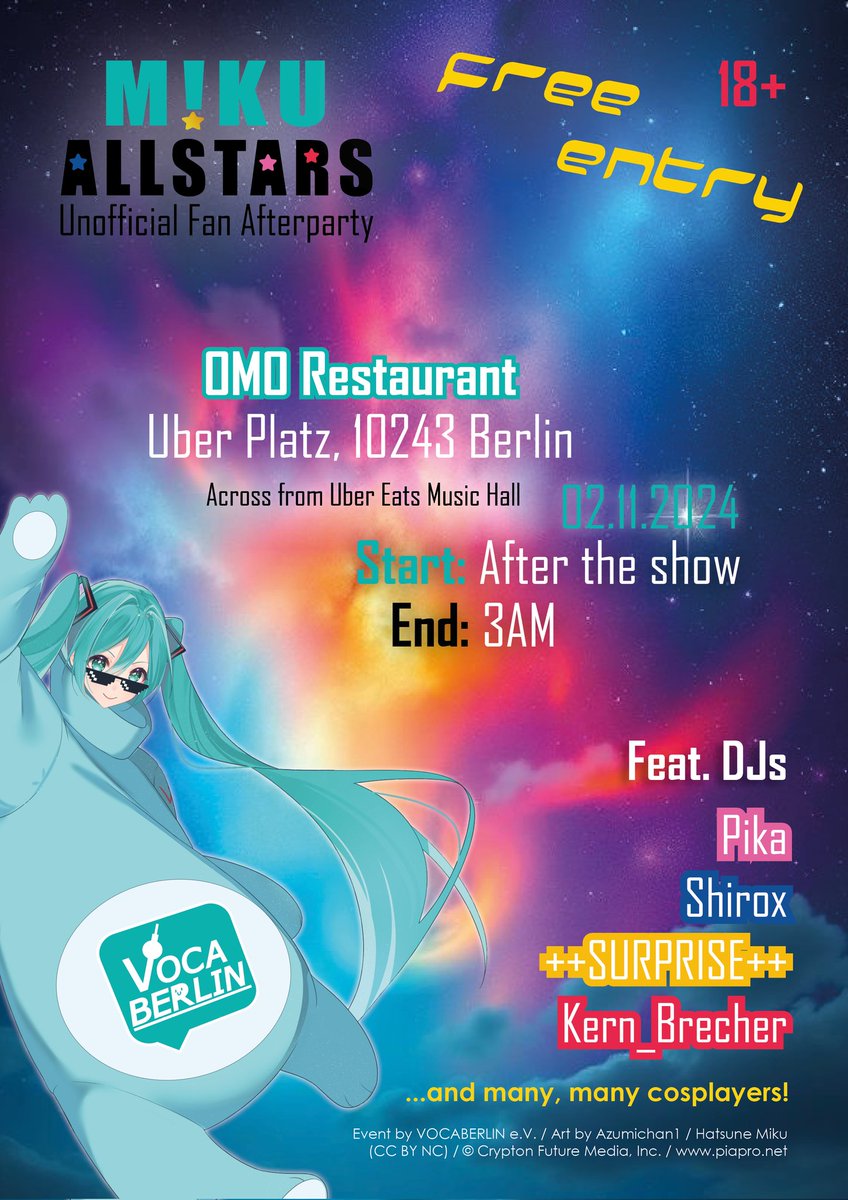 VOCABERLIN's tweet photo. [EVENT ANNOUNCEMENT]

Don't miss out on our free fan party right after the show in Berlin is over!
Doors open approx. 22:00, at the OMO Restaurant on Uber Platz!

ALLSTARS is featuring a variety of artists from VOCABERLIN's history! https://t.co/fkNyShRWd0