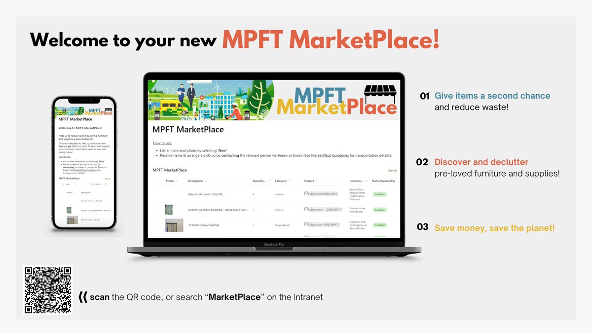 📢 Welcome to your new 🌟 MPFT MarketPlace! 🌟

Reduce waste and save money by reusing furniture and supplies ♻️

1. Give items a second chance
2. Discover and declutter
3. Save money, save the planet!🌍

Scan the QR code below, or search "MPFT MarketPlace" on the Intranet✨
