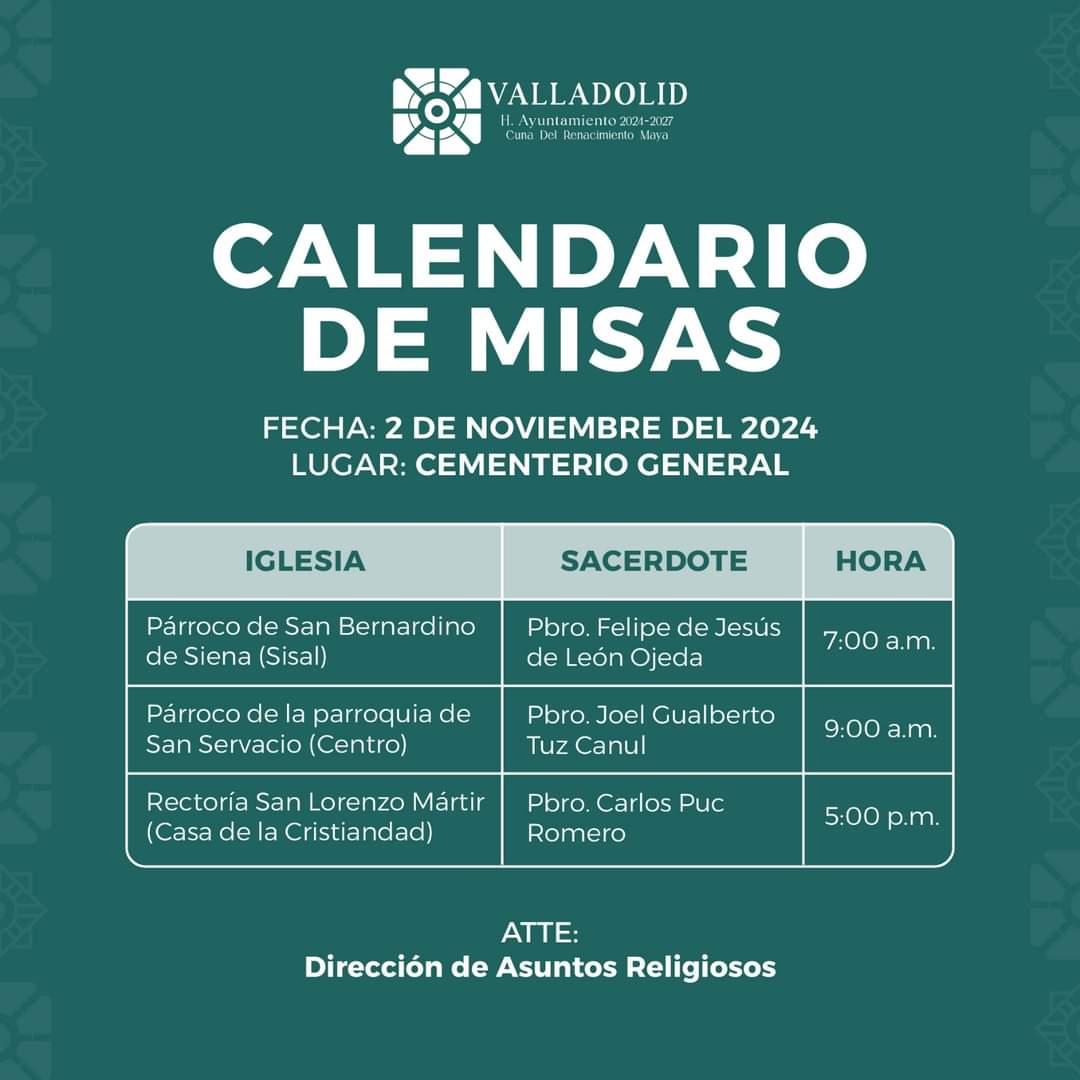 El próximo 𝟐 de noviembre, 𝗰𝗼𝗻 𝗺𝗼𝘁𝗶𝘃𝗼 𝗱𝗲 𝗹𝗮 𝗰𝗼𝗻𝗺𝗲𝗺𝗼𝗿𝗮𝗰𝗶𝗼́𝗻 𝗱𝗲𝗹 𝗗𝗶́𝗮 𝗱𝗲 𝗹𝗼𝘀 𝗙𝗶𝗲𝗹𝗲𝘀 𝗗𝗶𝗳𝘂𝗻𝘁𝗼𝘀, 𝘀𝗲 𝗰𝗲𝗹𝗲𝗯𝗿𝗮𝗿𝗮́𝗻 𝗺𝗶𝘀𝗮𝘀 𝗲𝗻 𝗲𝗹 𝗖𝗲𝗺𝗲𝗻𝘁𝗲𝗿𝗶𝗼 𝗚𝗲𝗻𝗲𝗿𝗮𝗹 𝗱𝗲𝗹 𝗺𝘂𝗻𝗶𝗰𝗶𝗽𝗶𝗼 𝗱𝗲 𝗩𝗮𝗹𝗹𝗮𝗱𝗼𝗹𝗶𝗱