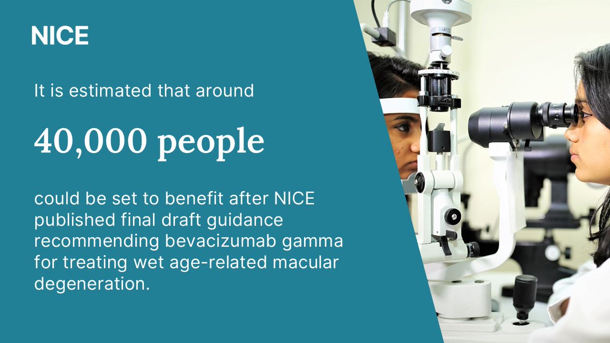 Thousands of people with a serious eye disease could be set to benefit after NICE today recommended a new treatment option.

Find out more about bevacizumab gamma for treating wet age-related macular degeneration: nice.org.uk/guidance/indev…

#NICENews
