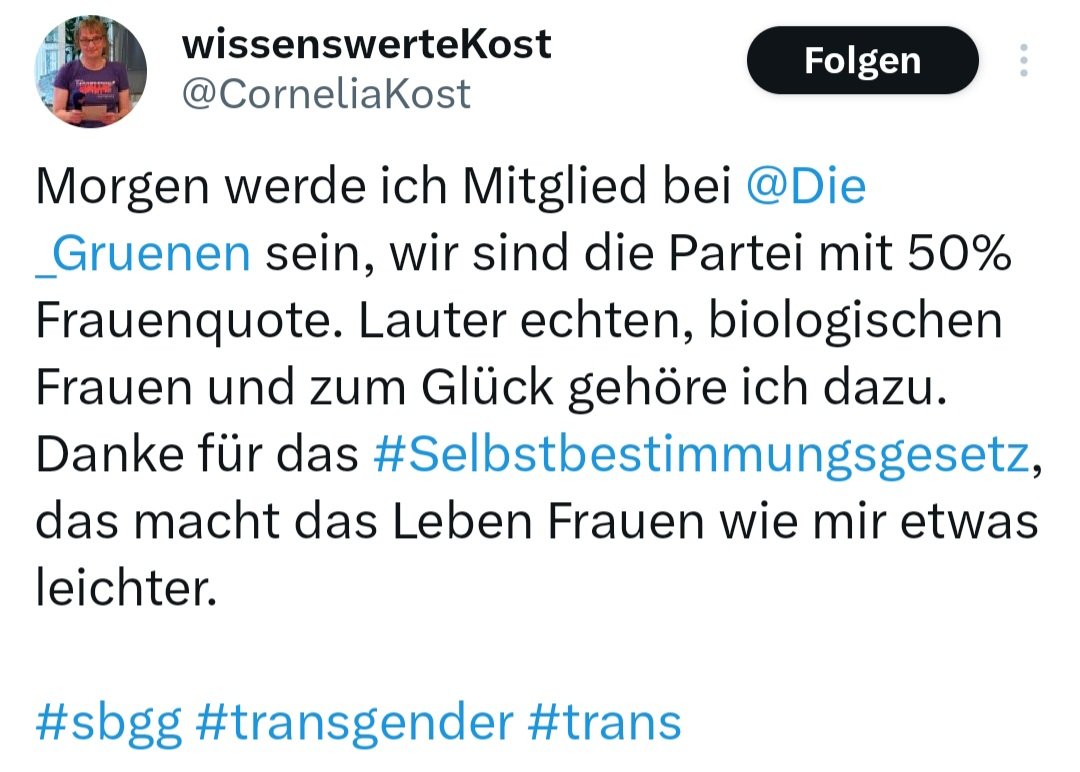 gedankenshakes's tweet photo. Satire? Nein!
Transidenter Mann mit weiblicher Identität (Psychotherapeut und Gastdozent zum Thema "queer" an Hochschulen) möchte die Frauenquote der Grünen stärken, da es sich bei diesem transidenten Mann um eine echte, biologische Frau handeln würde.
#SBGG ist ein Männergesetz! https://t.co/sN4ZTquhzB