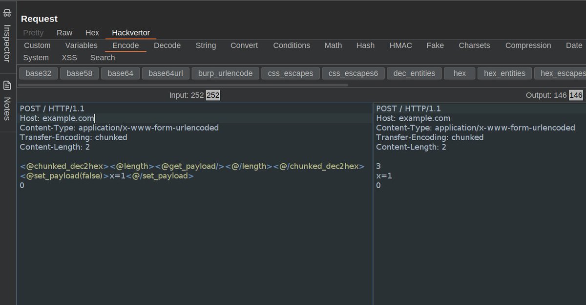 YesWeHack ⠵ (@yeswehack) on Twitter photo 💡 Did you know that you can use Hackvertor inside <a href="/Burp_Suite/">Burp Suite</a> to automatically calculate the size of chunked data?
This is extremely useful when exploiting HTTP request smuggling vulnerabilities! 🧐
#YesWeRHackers #BugBounty #BugBountyTips 💡 Did you know that you can use Hackvertor inside <a href="/Burp_Suite/">Burp Suite</a> to automatically calculate the size of chunked data?
This is extremely useful when exploiting HTTP request smuggling vulnerabilities! 🧐
#YesWeRHackers #BugBounty #BugBountyTips