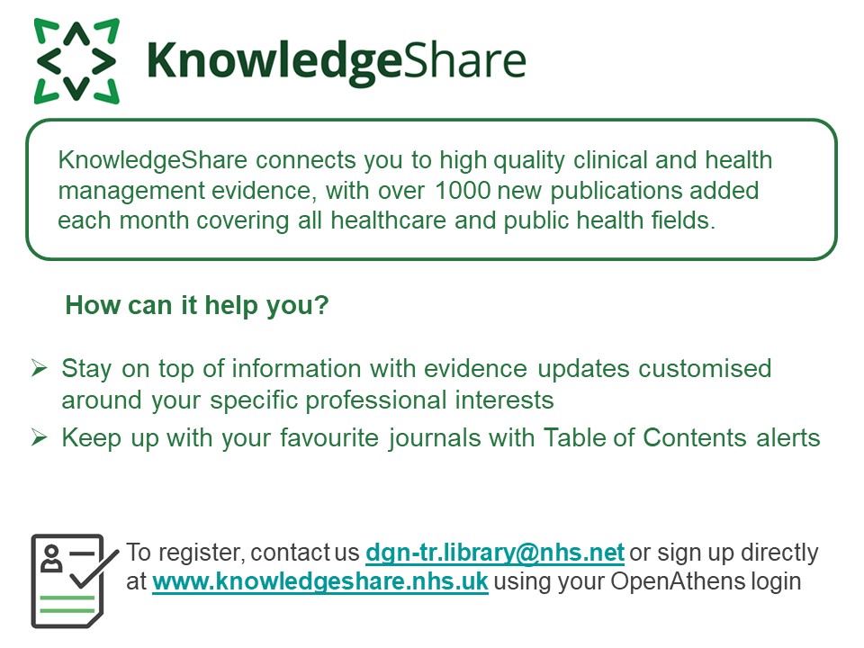 Library Services at Dartford & Gravesham NHS Trust (@dvhlibrary) on Twitter photo Keeping you up to date with high quality evidence in your specific areas of interest.
Sign up directly at knowledgeshare.com using your OpenAthens login
OR
send us an email - dgn-tr.library@nhs.net
<a href="/DarentValleyHsp/">Dartford and Gravesham NHS Trust</a> <a href="/NHSKentCHFT/">Kent Community Health NHS Foundation Trust</a> Keeping you up to date with high quality evidence in your specific areas of interest.
Sign up directly at knowledgeshare.com using your OpenAthens login
OR
send us an email - dgn-tr.library@nhs.net
<a href="/DarentValleyHsp/">Dartford and Gravesham NHS Trust</a> <a href="/NHSKentCHFT/">Kent Community Health NHS Foundation Trust</a>