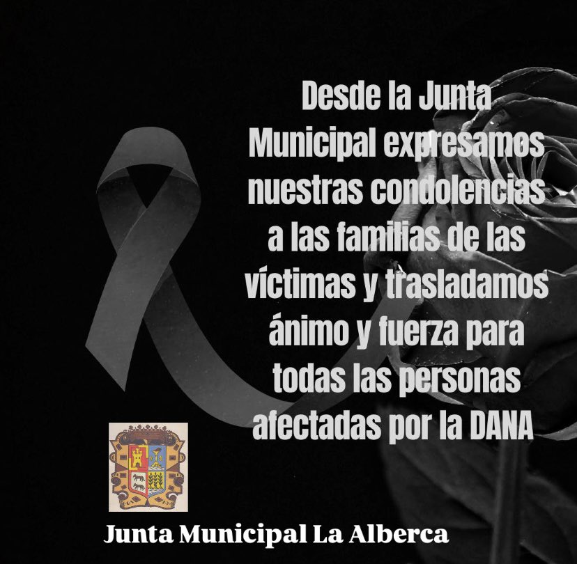 Karonline85's tweet photo. Desde la Junta Municipal de La Alberca, mostramos nuestras condolencias a las Comunidades Autónomas Valenciana, Andalucía y Castilla La Mancha por los fallecidos ante la tragedia sufrida por causa de la Dana.

Todo nuestro apoyo y solidaridad a las personas afectadas. https://t.co/CFXwCxu1b9