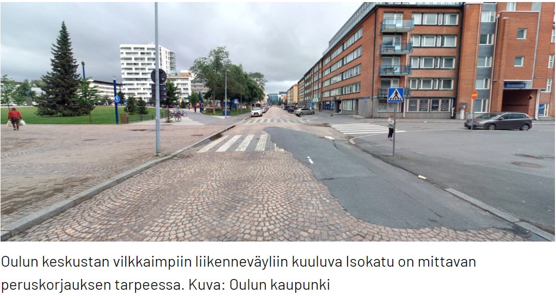 Näkee kuvastakin, että Oulun Isokatu on "keskustan vilkkaimpiin liikenneväyliin kuuluva."

Todellisuus on lähempänä kuvan mukaista, ajoneuvoja liikkuu n. 2 000 päivässä, kun esim. Uusikadulla ja Aleksanterinkadulla lukema on n. 10 000.

Isokadun remppa autoilu edellä on farssi.