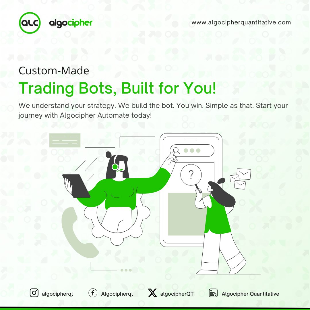 algocipherQT's tweet image. Custom-Made Trading Bots, Built for You!     

We understand your strategy. We build the bot. You win. Simple as that. 
Start your journey with Algocipher Automate today!  

#algocipherquantitative #thealgocipheradvantage #tradingautomation #FutureOfTrading #NoMoreManual