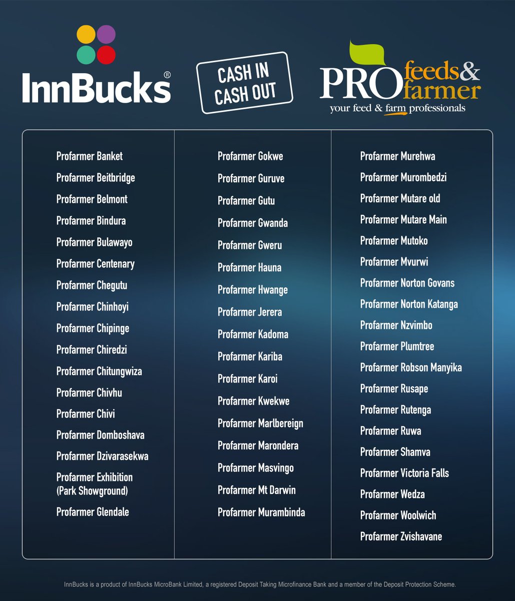 Inn_Bucks's tweet photo. Cash in and cash out at any of the @pro_feeds branches across the country. Whether you're in Harare, Bulawayo or even Masvingo, we’ve got you covered! Check out the full list of locations below and handle your money like a Pro. No fuss, just convenience. #InnBucks #ProFeeds https://t.co/tyD5Yj2f5a