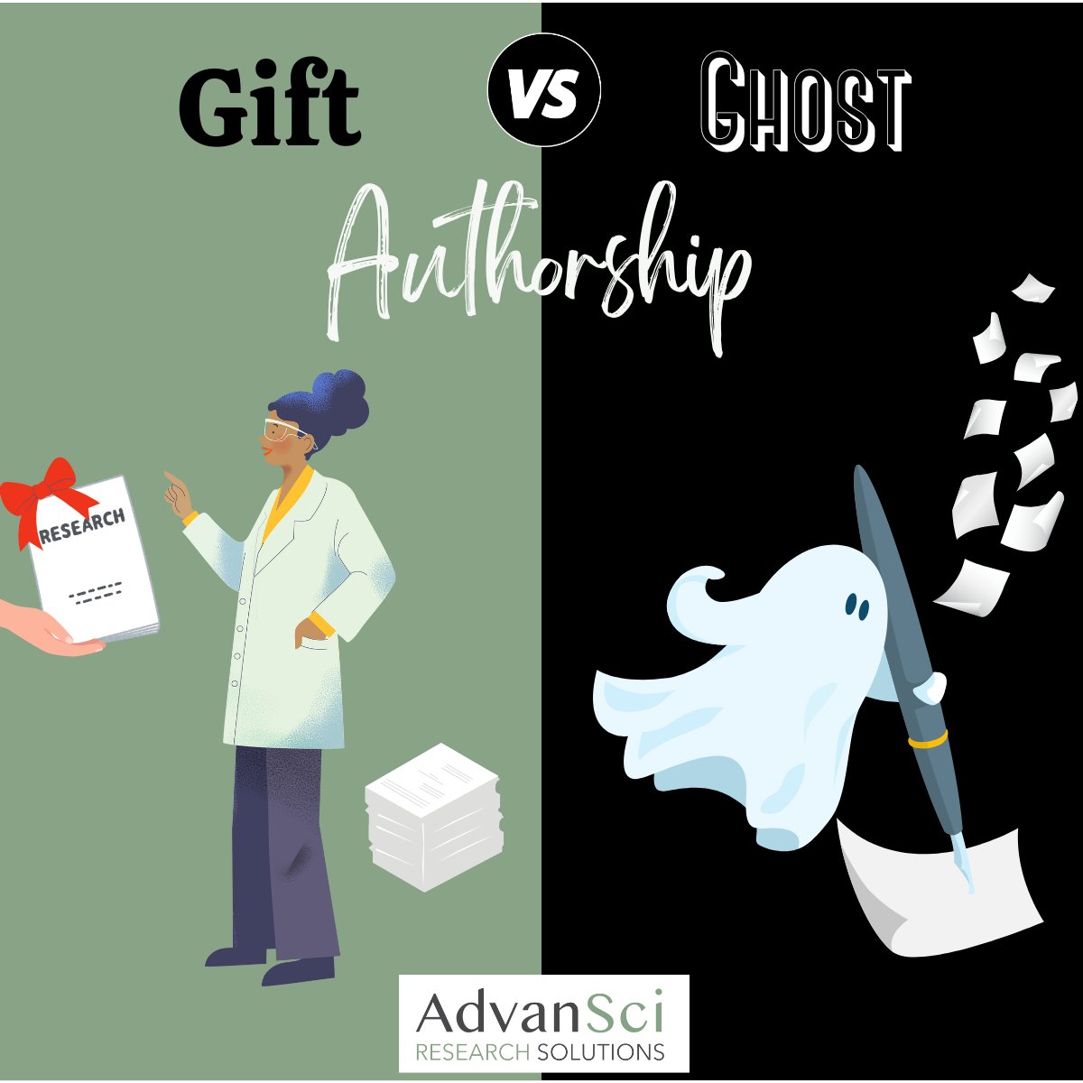 AdvansciC's tweet photo. Gift or ghost?

👻 Ghost authorship: When contributors vanish from the byline despite meeting authorship criteria.

🎁 Gift authorship: When people who have not contributed substantially to the study appear as authors.

Keep authorship practices free of unfair tricks and treats! https://t.co/hmNPw3uh4p
