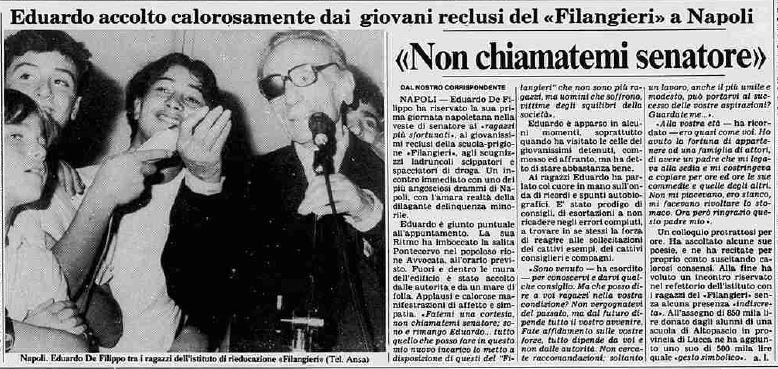 Un ricordo di #EduardoDeFilippo, nel 40° anniversario della morte: il suo primo intervento in Aula, da #SenatoreaVita, sull'Istituto Filangieri di Napoli per la rieducazione dei minori senato.it/service/PDF/PD… 📸📰 #Eduardo con i ragazzi del Filangieri (<a href="/LaStampa/">La Stampa</a>, 13 ottobre 1981)