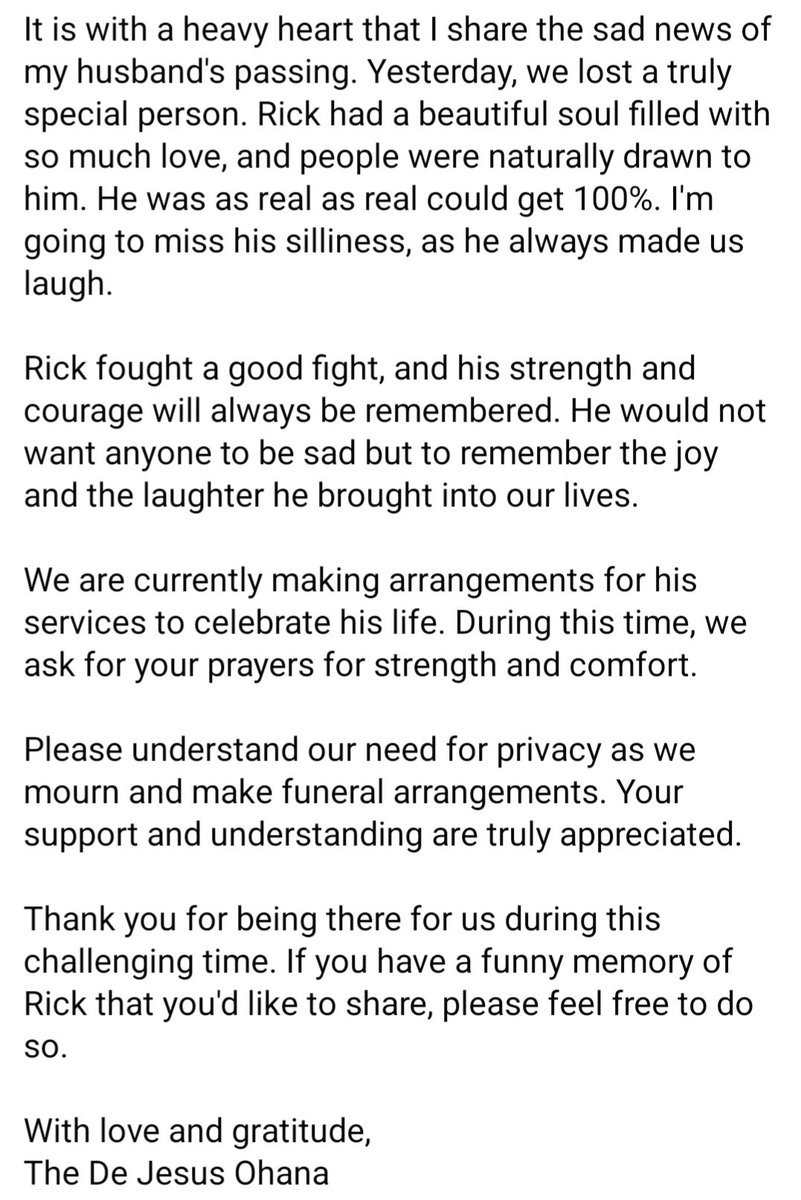 Matt Nalu Jablonski (@coach_matt_nalu) on Twitter photo Rest in Love Cousin 💔🙏🏽
I realized it hasn't been shared on here yet. Over the weekend
Rick De Jesus sadly passed away. He fought like no other and was the strongest man I knew. I love and will miss you dearly cousin.
<a href="/rickdejesus12/">Rick De Jesus</a> 💔
Kala 'Ohana Rest in Love Cousin 💔🙏🏽
I realized it hasn't been shared on here yet. Over the weekend
Rick De Jesus sadly passed away. He fought like no other and was the strongest man I knew. I love and will miss you dearly cousin.
<a href="/rickdejesus12/">Rick De Jesus</a> 💔
Kala 'Ohana