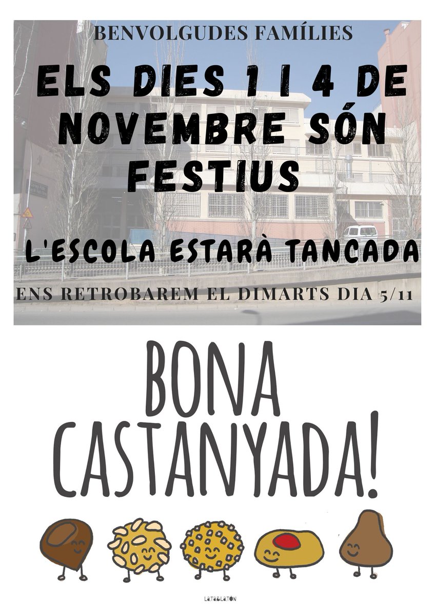 Benvolgudes famílies. Us recordem que aquest divendres 1/11 i el proper dilluns 4/11 són festius i que, per tant, l'escola romandrà tancada. Ens retrobarem dimarts, 5/11 a les 9h. Gaudiu d'aquests dies de festa!