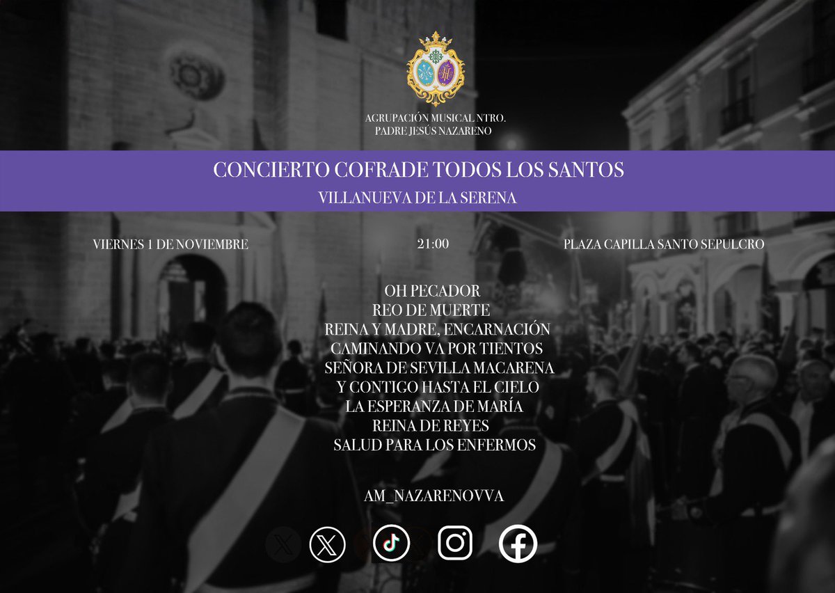 am_nazarenovva's tweet photo. ℹ️Concierto
Llenos de orgullo, os presentamos el repertorio donde mañana pondremos nuestros sones en la capilla del Santo Sepulcro.
Será sin duda un concierto especial e inolvidable ✨
📣¡¡Os esperamos mañana a las 21:00!! https://t.co/9iBKVS4lXm