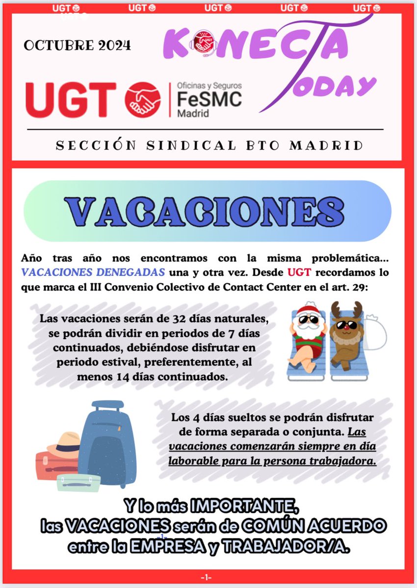 ugtkonectabto's tweet photo. BOLETÍN UGT KONECTA TODAY
Octubre '24
#UGT #konecta #octubre #Boletin #KONECTATODAY
🔹Vacaciones
🔹NPS
🔹Vacantes
🔹Teletrabajo
🔹libre x Festivo https://t.co/2i781bIVLo