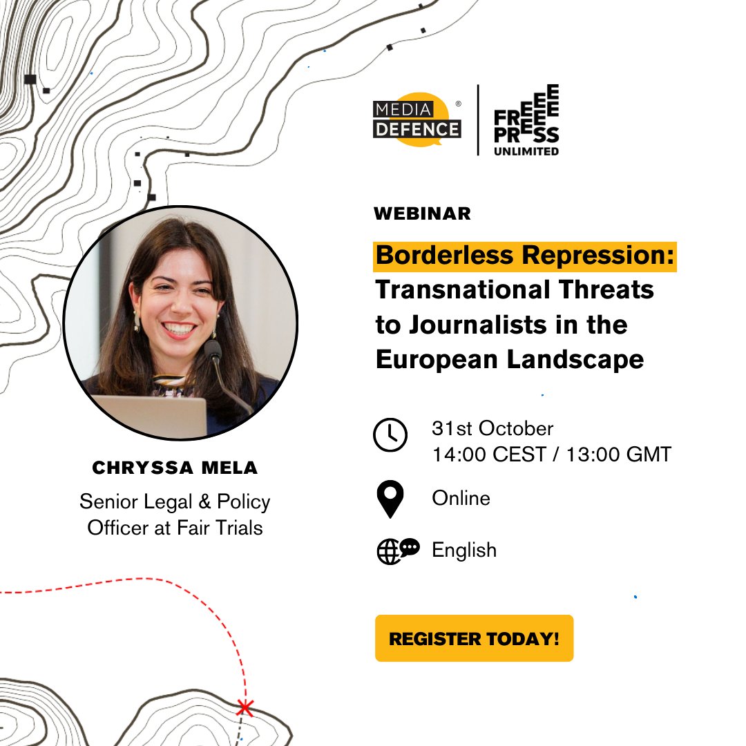 Fair Trials (@fairtrials) on Twitter photo Fair Trials' <a href="/ChryssaMela/">Chryssa Mela</a> speaks today at 14:00 CET at the "Transnational Threats to Journalists in Europe" webinar, discussing our campaign for #INTERPOL to prevent abuse of its systems to target journalists, refugees, and activists.
Register here: tinyurl.com/ynx3cfa5 Fair Trials' <a href="/ChryssaMela/">Chryssa Mela</a> speaks today at 14:00 CET at the "Transnational Threats to Journalists in Europe" webinar, discussing our campaign for #INTERPOL to prevent abuse of its systems to target journalists, refugees, and activists.
Register here: tinyurl.com/ynx3cfa5