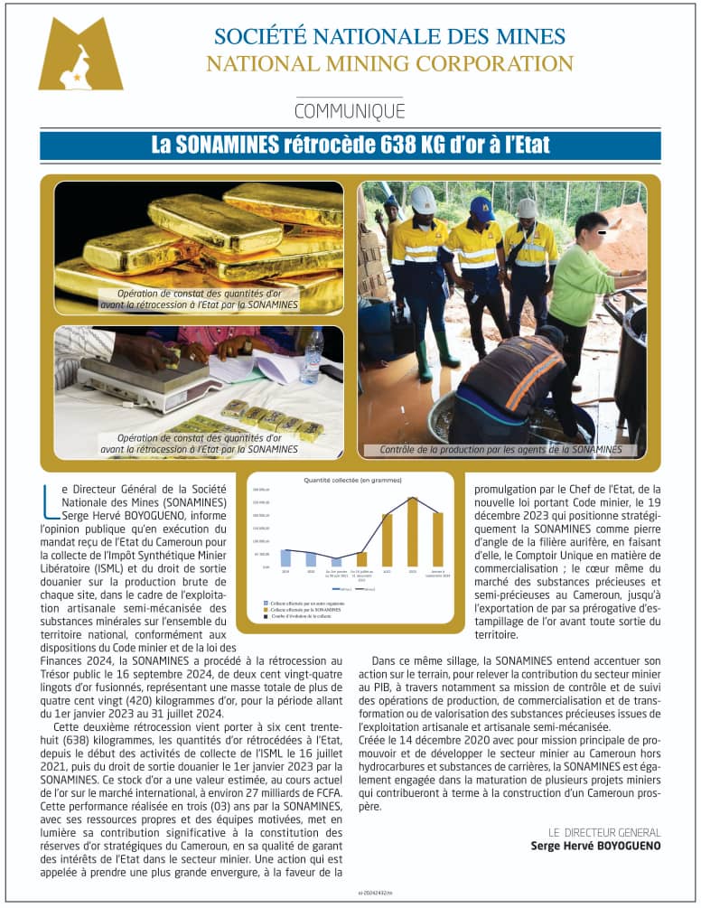 la #SONAMINES a procédé à la rétrocession au Trésor public le 16 septembre 2024, de deux cent vingt-quatre lingots d'or fusionnés, représentant une masse totale de plus de quatre cent vingt (420) kilogrammes d'or, pour la période allant du 1er janvier 2023 au 31 juillet 2024.