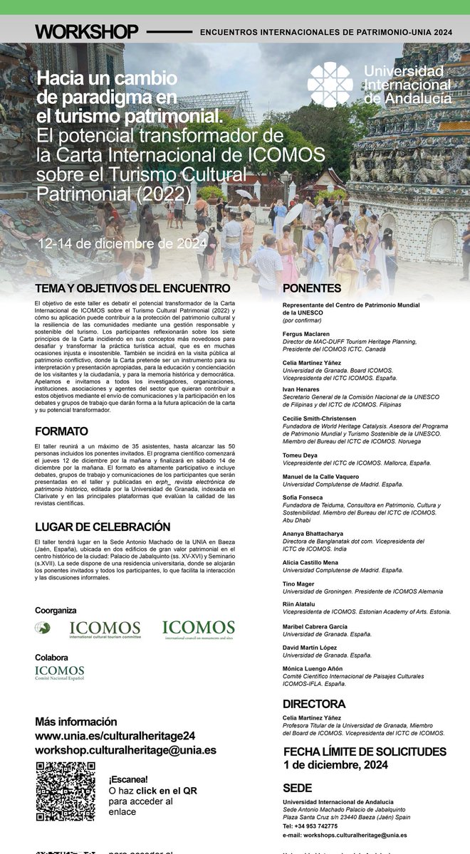 La directora de Erph, Celia Martínez ,dirige el workshop "Hacia un cambio de paradigma en el turismo patrimonial. El potencial transformador de la Carta Internacional de ICOMOS sobre el Turismo Cultural Patrimonial (2022)
Inscripción: unia.es/estudios-y-acc…