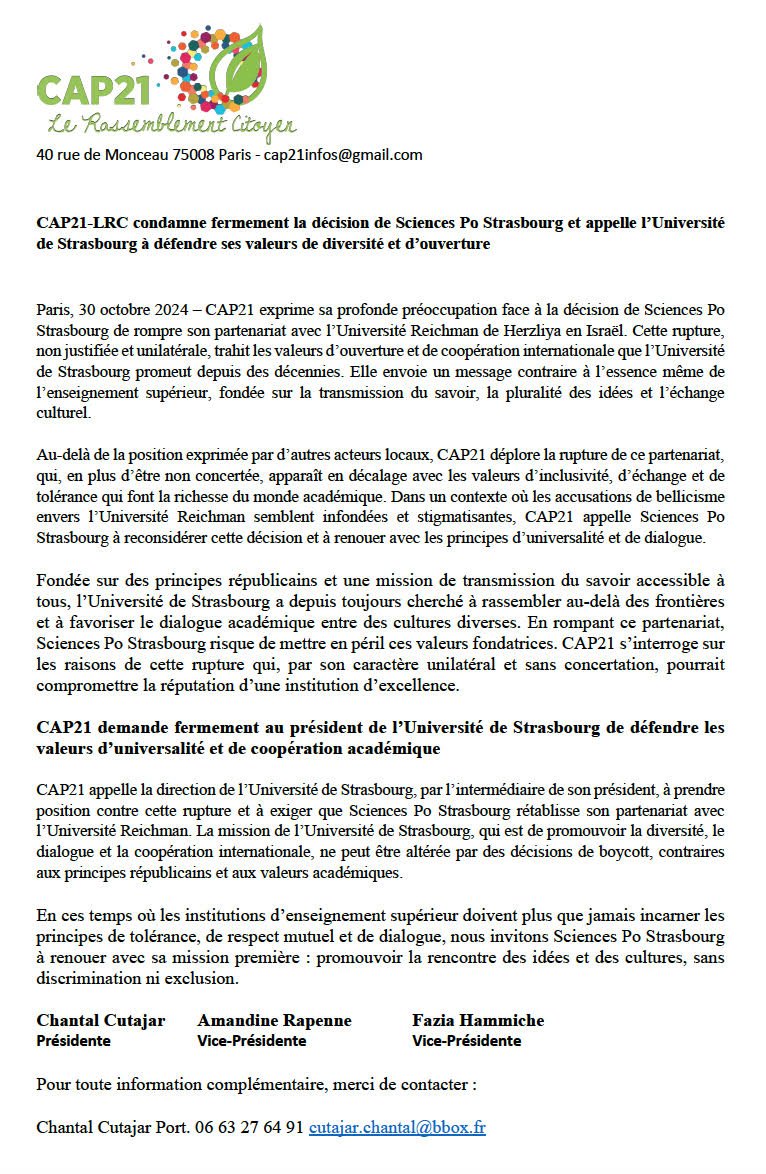 Cap 21 - Le Rassemblement Citoyen (@cap21_lrc) on Twitter photo Partenariat suspendu avec l'université Reichman.
Nous appelons l'université de Strasbourg à défendre ses valeurs de diversité et d'ouverture.
#Strasbourg
<a href="/CHANTALCUTAJAR/">CHANTAL CUTAJAR</a> <a href="/AmandineRapenne/">Amandine Rapenne</a> <a href="/corinnelepage/">Corinne Lepage</a> <a href="/sciencespo/">Sciences Po</a> <a href="/IEPstrasbourg/">IEP's</a>
⤵ Partenariat suspendu avec l'université Reichman.
Nous appelons l'université de Strasbourg à défendre ses valeurs de diversité et d'ouverture.
#Strasbourg
<a href="/CHANTALCUTAJAR/">CHANTAL CUTAJAR</a> <a href="/AmandineRapenne/">Amandine Rapenne</a> <a href="/corinnelepage/">Corinne Lepage</a> <a href="/sciencespo/">Sciences Po</a> <a href="/IEPstrasbourg/">IEP's</a>
⤵