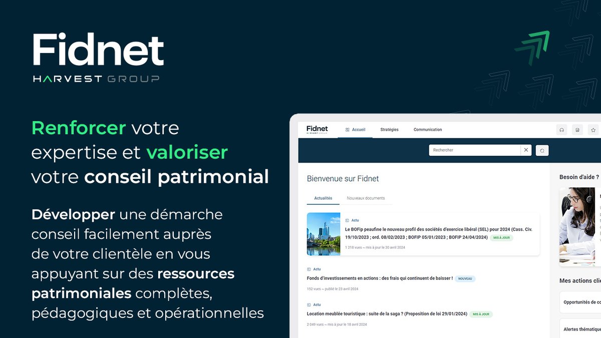fidroit's tweet image. [#Fidnet] Renforcez votre expertise et valorisez votre conseil patrimonial 🫱🏼‍🫲🏼

➡ Pour en savoir plus, demandez une démo : harvest.fr/produit/fidnet 
 
 #gestiondepatrimoine #cgp #wealthmanagement #assetmanagement
