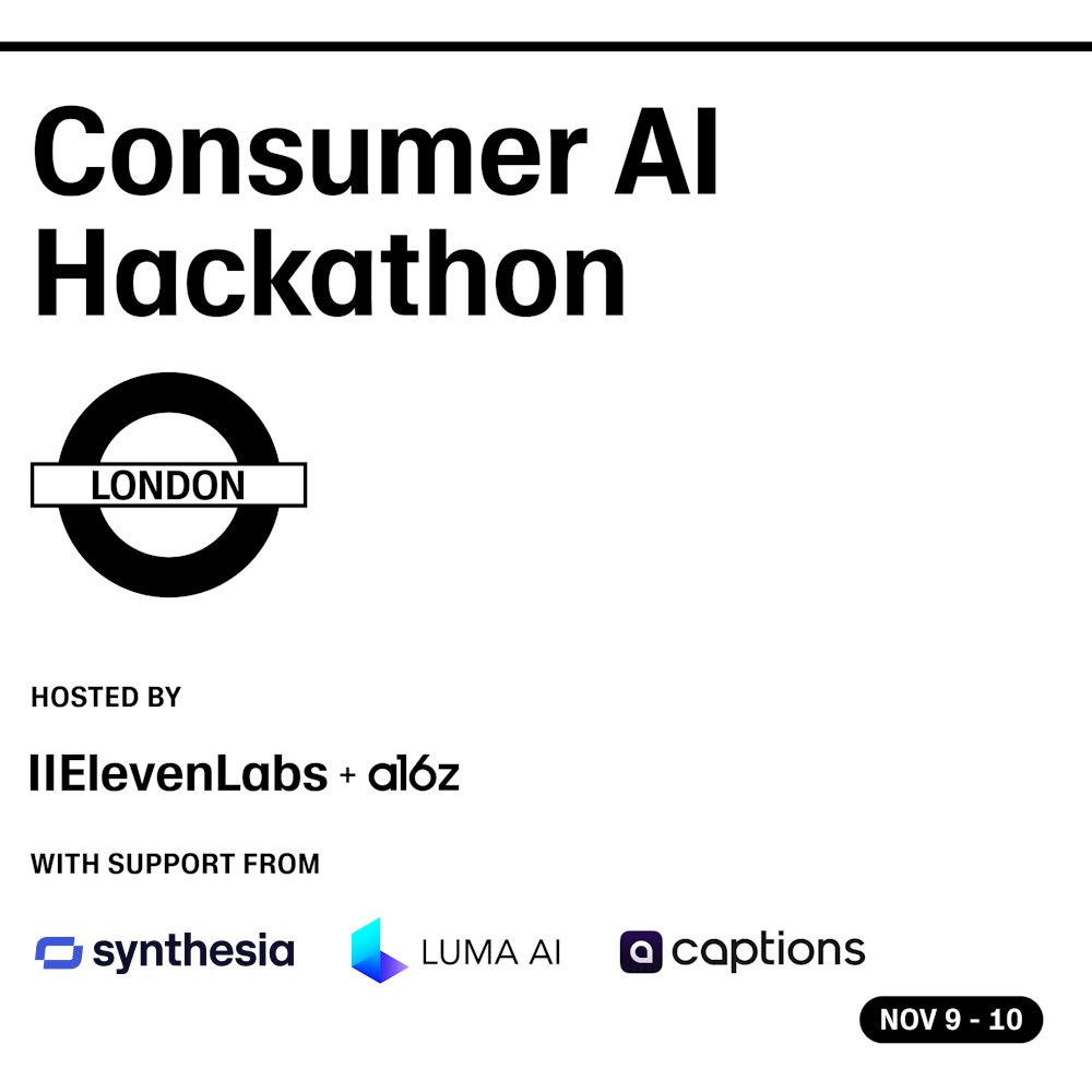 lukeharries's tweet photo. @elevenlabs and @a16z are hosting a Consumer AI Hackathon at our new London office on the 9th and 10th of November!

Would love to see you there!

Here's the link to join: https://t.co/nViG3pqOXB https://t.co/YhCyWpaVDE
