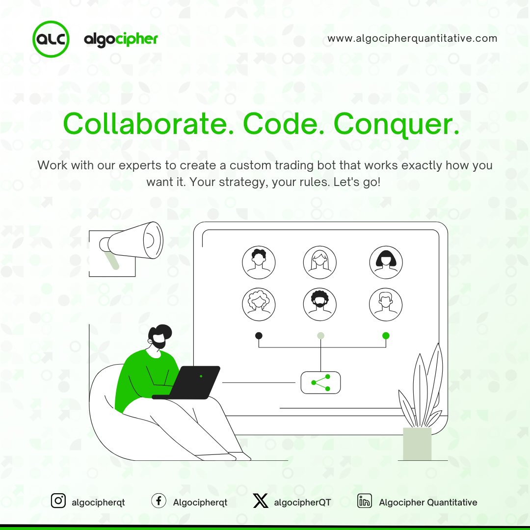 algocipherQT's tweet image. Collaborate. Code. Conquer.   

 Work with our experts to create a custom trading bot that works exactly how you want it. Your strategy, your rules. Let&apos;s go!   

#algocipherquantitative #thealgocipheradvantage #tradingautomation #FutureOfTrading #NoMoreManual #AutomatedTrading
