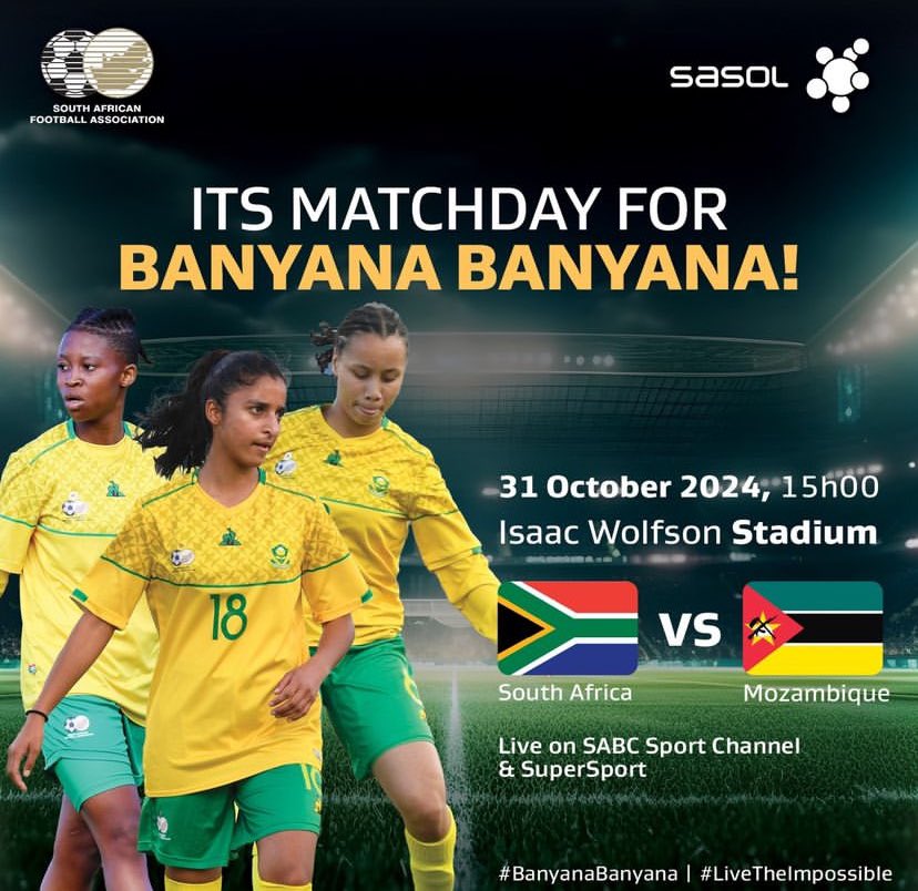 SportShift's tweet photo. #Match Day 🚨

South Africa 🇿🇦 will take on Mozambique 🇲🇿 in todays semi-final action. 

🕥: 15:00 
📺: @SABC_Sport and @SuperSportTV 
📲: https://t.co/9frTtWT2IG

#BanyanaBanyana #LiveTheImpossible

Photo Courtesy: @SasolinSport https://t.co/ockIy1d5K6