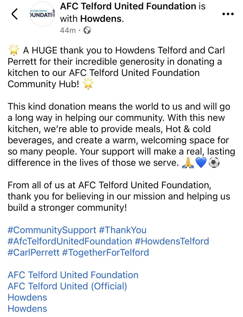 🌟 A HUGE thank you to Howdens Telford and Carl Perrett for their incredible generosity in donating a kitchen to our AFC Telford United Foundation Community Hub! 🌟

This kind donation means the world to us and will go a long way in helping our community ❤️
