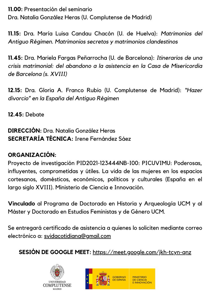Noviembre ya casi está aquí y, con él, un nuevo Seminario Metodológico dedicado a "Perspectivas sobre el matrimonio en la Edad Moderna. Fuentes y métodos de estudio en femenino".  ¡Reservad en vuestras agendas el día 11 de noviembre! Aquí os dejamos el programa 🔽🔽🔽