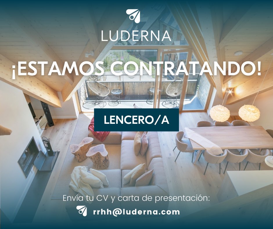 Desde LUDERNA buscamos incorporar trabajadores para los siguientes puestos:

Supervisor/a de limpiezas - conductor

Camarero/a de pisos

Lencero/a

Recepcionista

Si estás interesado/a, envíanos tu CV o accede a luderna.com/es/trabaja-con…