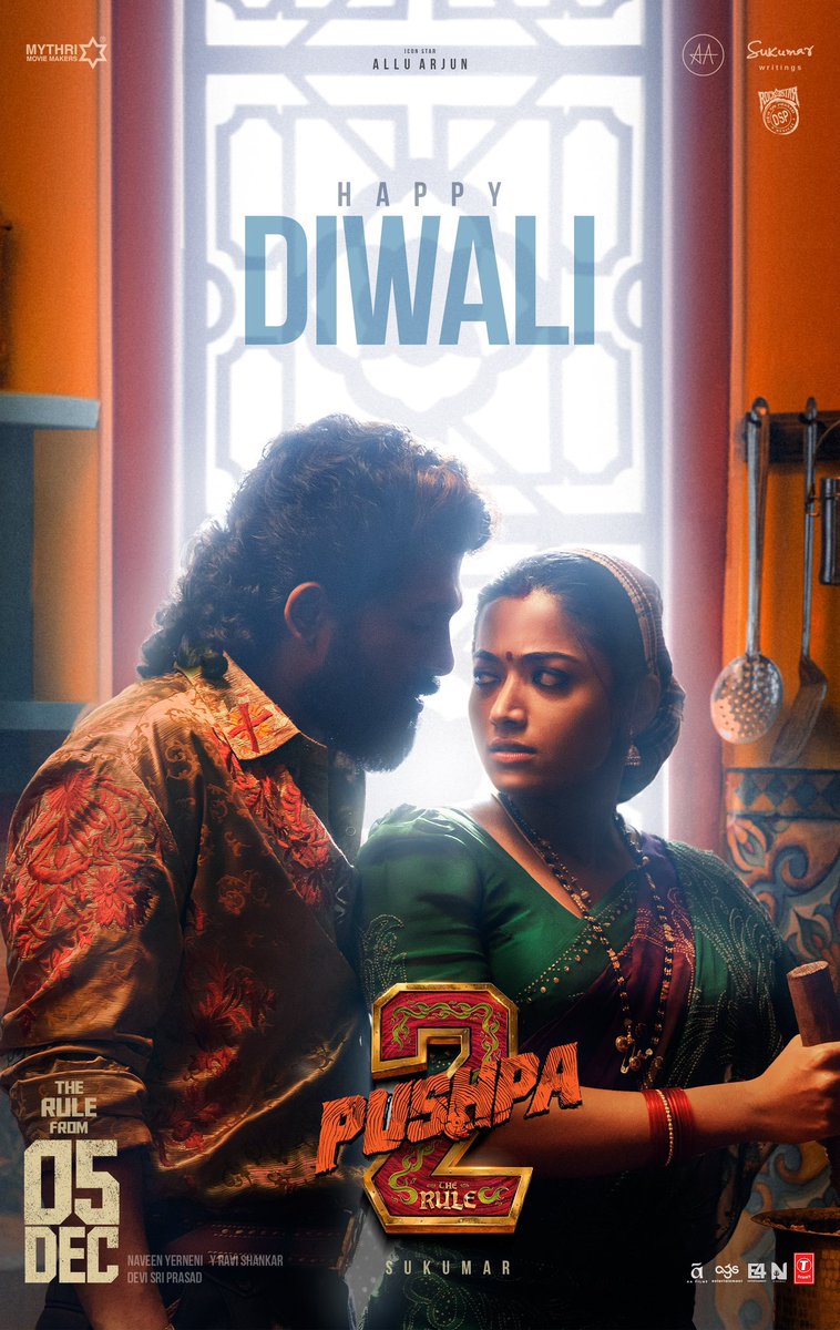 Pushpa Raj &amp; Srivalli wish you and your family a very Happy Diwali 🫶

#Pushpa2TheRule will bring celebrations and fireworks on the big screens 💥💥💥

GRAND RELEASE WORLDWIDE ON 5th DECEMBER, 2024 ❤‍🔥

#Pushpa2TheRuleOnDec5th

Icon Star <a href="/alluarjun/">Allu Arjun</a> <a href="/iamRashmika/">Rashmika Mandanna</a> <a href="/aryasukku/">Sukumar</a>