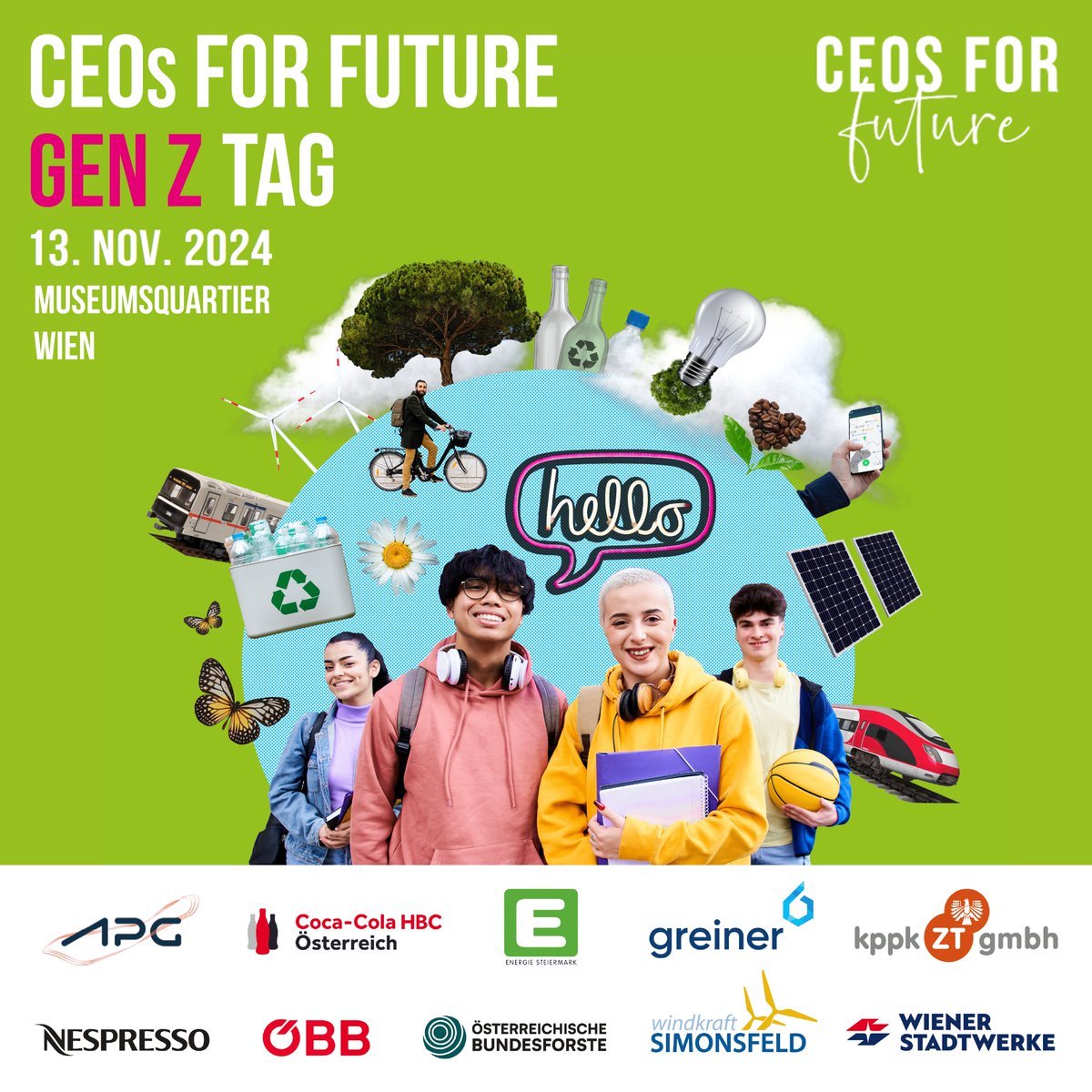 ceos4future's tweet photo. Der #CEOsFORFUTURE #GenZTag 2024 naht! Am 13. November im @mqwien. 10 Mitgliedsunternehmen sind mit Lehrlingen, jungen Mitarbeiter:innen, Führungskräften und CEOs mit dabei. Alles dreht sich um #Klimaschutz, #Energiewende, #Kreislaufwirtschaft, #Biodiversität und #Mobilität. https://t.co/aHbyHrvBdi