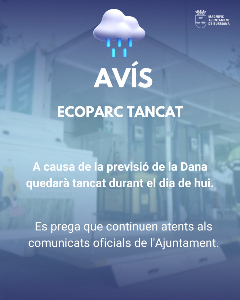 ⚠ AVISO: ECOPARQUE CERRADO POR DANA
🌧 Debido a la evolución de la DANA el ecoparque queda cerrado durante el día de hoy
—
⚠ AVÍS: ECOPARC TANCAT PER LA DANA
🌧 A causa de l’evolució de la DANA, l’ecoparc queda tancat durant el día de hui