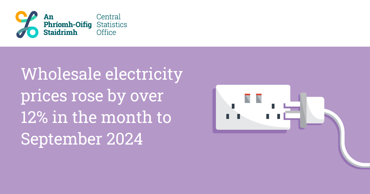 CSOIreland's tweet photo. Wholesale electricity prices rose by over 12% in the month to September 2024
https://t.co/CyrUGbENrc
#CSOIreland #Ireland #IrishBusiness #BusinessStatistics #BusinessNews #ServicesIndex #MonthlyServices #WholesalePrices #ServicesPrices https://t.co/HW6Xi8SnoO