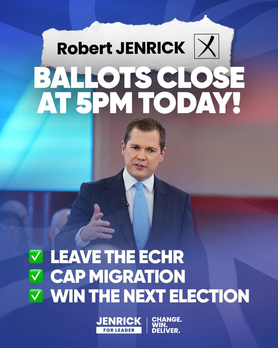 JamesEvansMS's tweet photo. 🗳️ The ballot closes TODAY at 5PM! If you haven’t voted, back @RobertJenrick!
The decision is clear vote for Robert to put an end to the drama and excuses.
It’s time for real change!
✅ Leave the ECH
✅ Cap migration
✅ Win the next election
#VoteJenrick #ConservativeLeadership