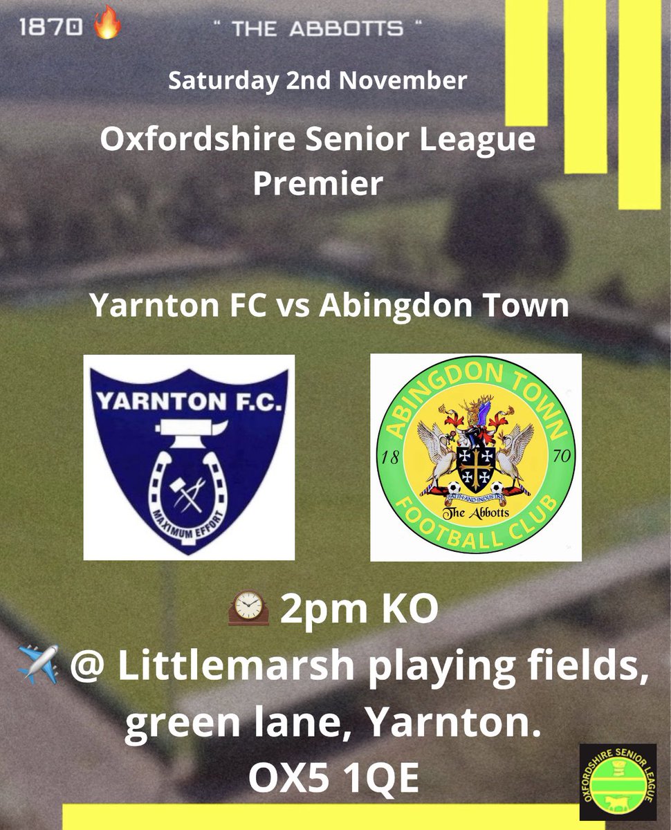 Abingdon Town Football Club (@abingdonabbots) on Twitter photo Our attentions turn to Saturday as we travel to table toppers <a href="/YarntonFC/">Yarnton FC (C)</a>
Who are flying and unbeaten in all competitions so far this season 👏
<a href="/OxOnFootball/">Oxon Football</a> #phoenixclub #1870 #uptheAbbotts Our attentions turn to Saturday as we travel to table toppers <a href="/YarntonFC/">Yarnton FC (C)</a>
Who are flying and unbeaten in all competitions so far this season 👏
<a href="/OxOnFootball/">Oxon Football</a> #phoenixclub #1870 #uptheAbbotts