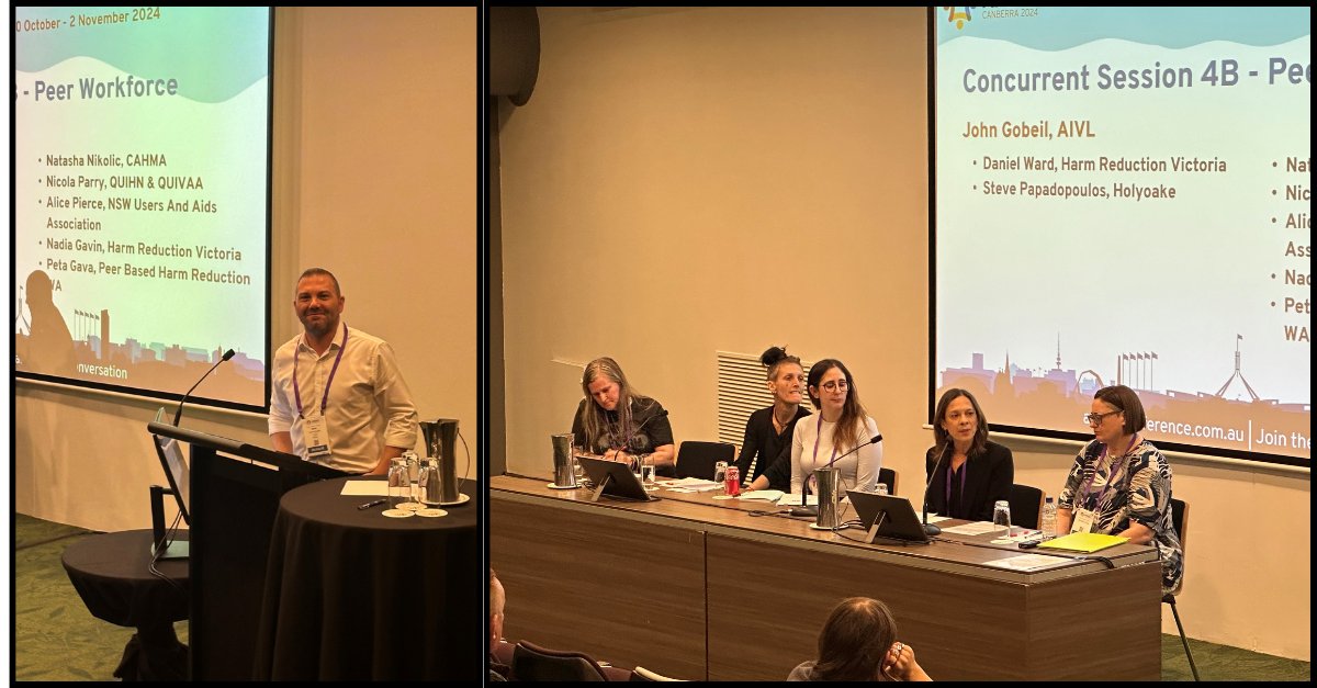 Great to see Steve Papadopoulos, (Prevention Services Manager, Holyoake) and Peta Gava (Overdose Prevention And Peer Naloxone, Peer Based Harm Reduction WA) presenting during the Peer Workforce session at #APSAD2024 in Canberra today.