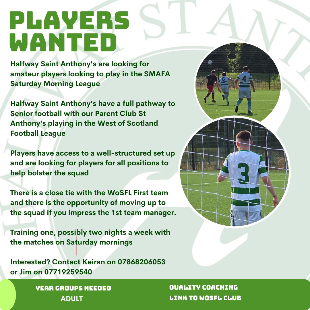 Our Saturday Morning Amateur Football Association Team Halfway St Anthony’s FC are still looking for players for all positions. Interested? Message the page or contact the numbers on the poster below
