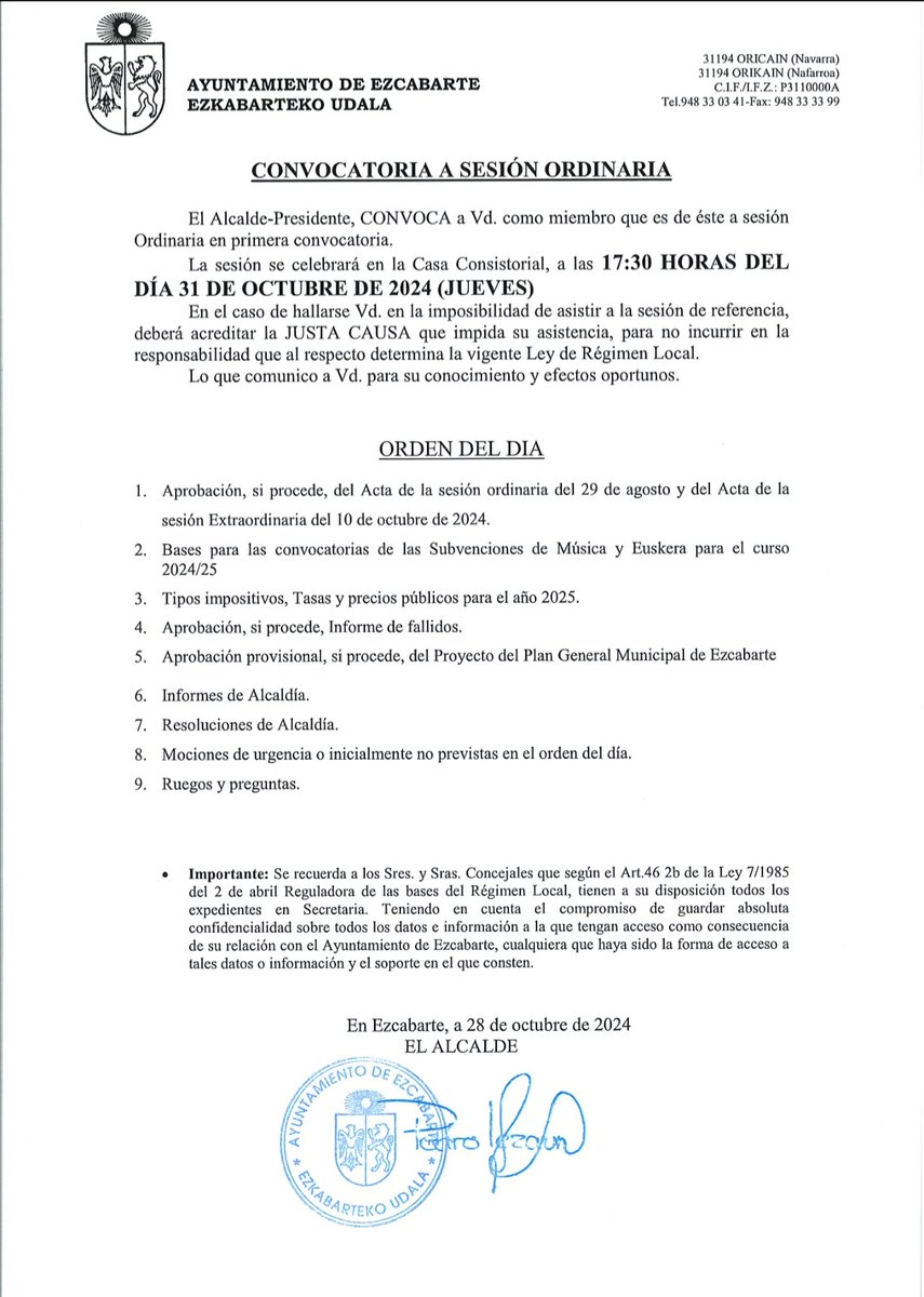 Hoy jueves 31 de octubre, pleno ordinario en el Ayuntamiento de Ezkabarte con el siguiente orden del dia.

Gaur urriak 31, ostegunarekin Ezkabarteko ohiko bilkura  hurrengo gai ordenarekin.