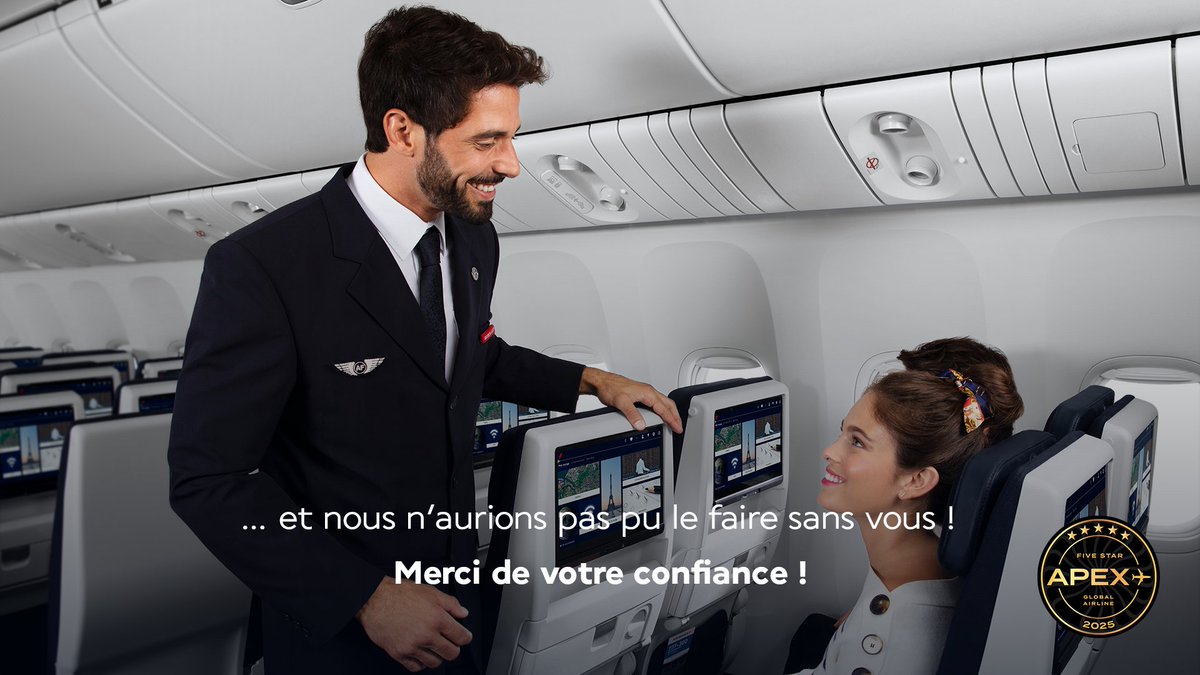 AirFranceFR's tweet photo. Air France est heureuse d’être distinguée des 5 étoiles au classement mondial APEX des meilleures compagnies aériennes. ⭐ 
C'est la troisième année consécutive que nous recevons cette récompense, et cela grâce à vous ! https://t.co/NBmt12D3cg