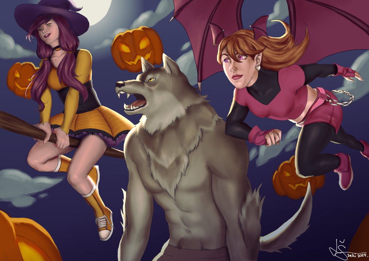 Happy #halloween
guys! Hope you enjoy! 💀🎃👻 
A #digitalpainting I've made of my old OCs. Love how the werewolf came out!