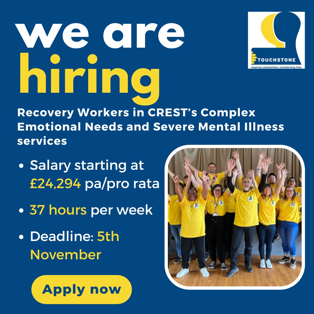 Are you looking for a rewarding new role? Our CREST team are looking for Recovery Workers!  

To find out more and apply, visit:  
➡️Role in Severe Mental Illness Team: touchstonesupport.org.uk/vacancy-crest-….
➡️Role in Complex Emotional Needs team: touchstonesupport.org.uk/vacancy-crest-….

#WestYorkshireJobs