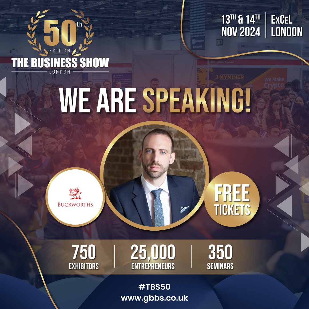 Don’t miss a FREE legal health check! 📝 Meet our expert solicitors at Stand B2022, #TheBusinessShow, Nov 13-14, ExCeL London. 
Book your free tickets here!
👉 rb.gy/utkppn 
#Startups #HighGrowth #TBS50