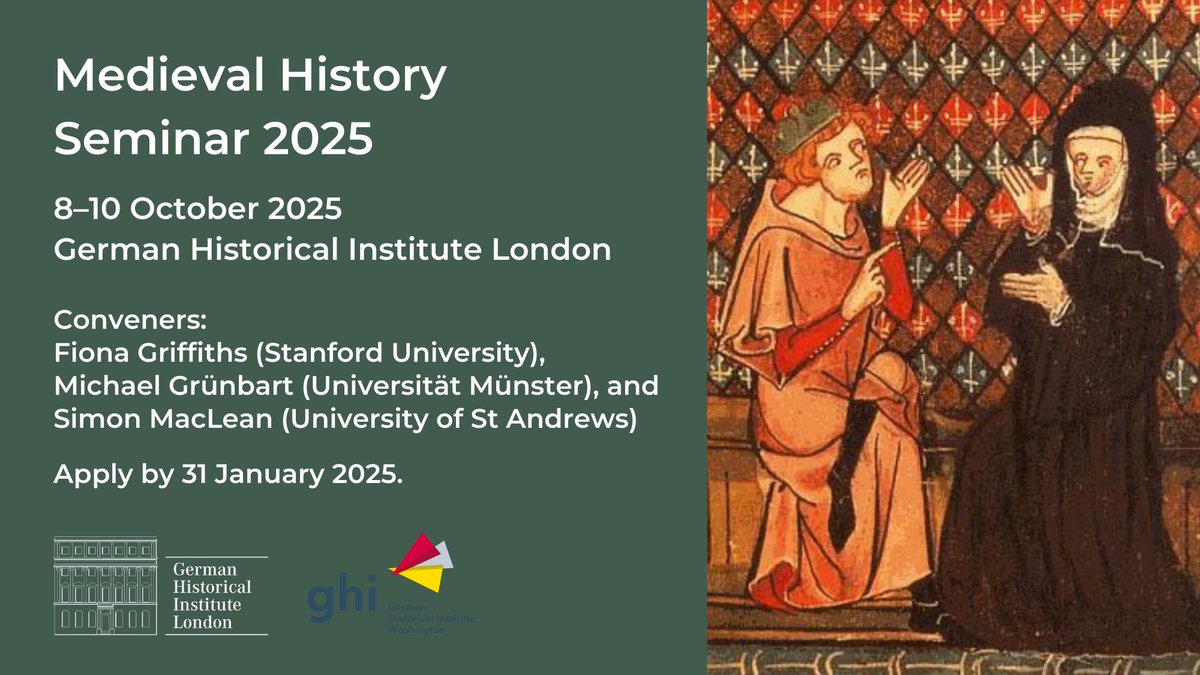 Call for applications! 📢

The GHI London and the <a href="/GHIWashington/">GHI Washington</a> are excited to announce the fourteenth Medieval History Seminar, to be held in London from 8 to 10 October 2025!

Apply now! For more information: ghil.ac.uk/events/confere…

#medievalhistory #twitterstorians