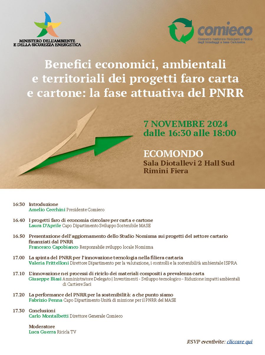Comieco (@comieco) on Twitter photo 📅 7/11 ore 16.30/18 a <a href="/Ecomondo/">Ecomondo</a> in collaborazione con <a href="/MASE_IT/">Ministero Ambiente e Sicurezza Energetica</a> parliamo di "Benefici economici, ambientali e territoriali dei progetti faro #carta e #cartone: la fase attuativa del #PNRR" c/o Sala Diotallevi 2 Hall Sud.
💺Prenota qui il tuo posto eventbrite.it/e/benefici-eco… 📅 7/11 ore 16.30/18 a <a href="/Ecomondo/">Ecomondo</a> in collaborazione con <a href="/MASE_IT/">Ministero Ambiente e Sicurezza Energetica</a> parliamo di "Benefici economici, ambientali e territoriali dei progetti faro #carta e #cartone: la fase attuativa del #PNRR" c/o Sala Diotallevi 2 Hall Sud.
💺Prenota qui il tuo posto eventbrite.it/e/benefici-eco…