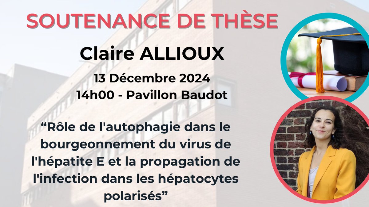 Infinity Toulouse (@infinitytls) on Twitter photo Nous avons le plaisir  d'annoncer la soutenance de thèse de notre étudiante 👉Claire Allioux qui  aura lieu le 13.12.2024 à 14h00, Pavillon Baudot, CHU de Purpan. Nous vous invitons à venir découvrir ses travaux de thèse (détail dans l'annonce ci-jointe).  
Venez la soutenir !🙂 Nous avons le plaisir  d'annoncer la soutenance de thèse de notre étudiante 👉Claire Allioux qui  aura lieu le 13.12.2024 à 14h00, Pavillon Baudot, CHU de Purpan. Nous vous invitons à venir découvrir ses travaux de thèse (détail dans l'annonce ci-jointe).  
Venez la soutenir !🙂